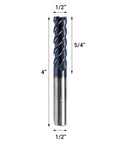 Half Inch Carbide Square End Mill 4 Flute Milling Bit For Steel Cast Iron Copper Alloys And Other Materials HRC 50 AlTiN Coated CNC Router Bit 45 Degree Helix, front view with dimensions.