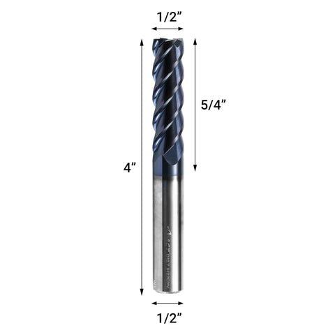 Half Inch Carbide Square End Mill 4 Flute Milling Bit For Steel Cast Iron Copper Alloys And Other Materials HRC 50 AlTiN Coated CNC Router Bit 45 Degree Helix, front view with dimensions.