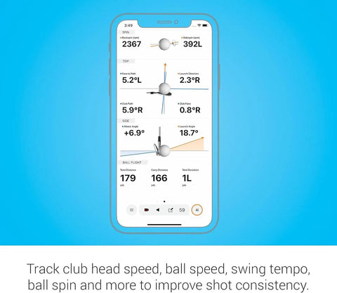 Portable Golf Launch Monitor And Simulator Bundle With 10 Hour Battery Life showing swing metrics on smartphone app interface