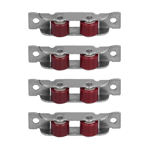 4 Pack Heavy Duty Double Wheel Sliding Window And Door Rollers With Mounting Screws Premium Replacement track pulleys in silver and red design.