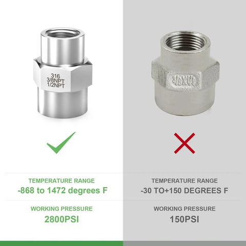 Comparison of 2 Pack Forged 316L Stainless Steel Reducer Coupling One Half Inch NPT Female To Three Eighth Inch NPT Female Pipe Fitting with another coupling showing temperature and pressure range.