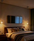 MKonpeny Modern Crystal Moon Pendant Light, 3000K 7W Led over a cozy bedroom with a stylish mirror and wooden decor.