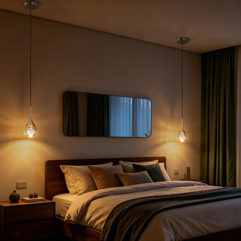 MKonpeny Modern Crystal Moon Pendant Light, 3000K 7W Led over a cozy bedroom with a stylish mirror and wooden decor.