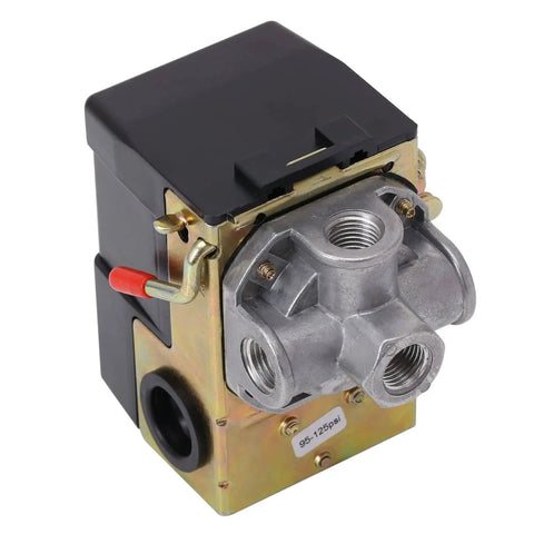 Air Compressor Pressure Switch 95 to 125 PSI Four Ports One Quarter Inch NPT With Unloader Valve On Off Lever Easy Replacement
