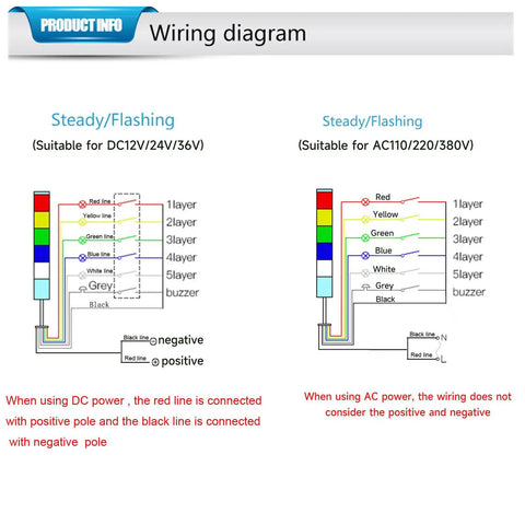 Wiring diagram for Heavy Duty Multi Layer Tower Light With LED Warning Lamp And Alarm, showing DC and AC connections.