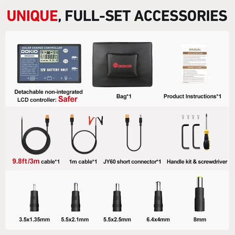 Accessories for 100W Portable Solar Panel Suitcase With Waterproof 10A Charge Controller including cables and connectors