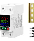 No Sweat 220V Adjustable Voltage Protector Smart Circuit Breaker with LCD display, 63A load capacity and mounting bracket.