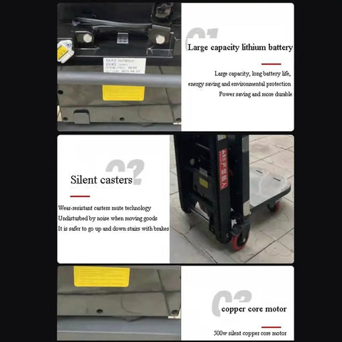Heavy Duty Electric Stair Climber Cart That Lets You Haul Like A Boss While Saving Your Back And Keeping Things Totally Upright For Easy Moving Up Or Down Any Flight Of Stairs Today showing large lithium battery and silent casters.