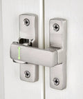 Heavy Duty Luminous Barn Door Latch With Built In Night Light 90 Degree Sliding Lock close-up view of stainless steel latch on wooden door.