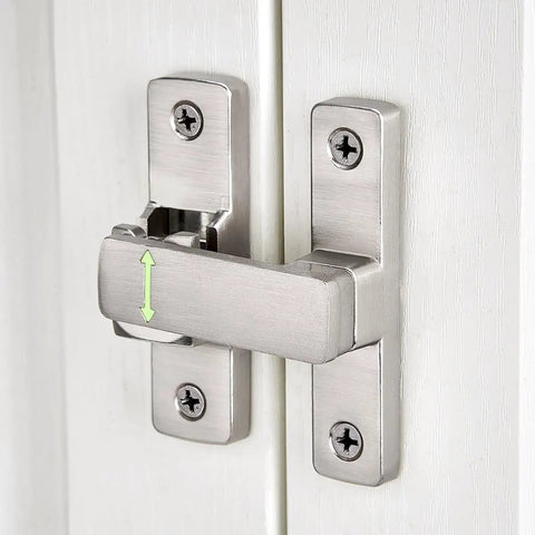 Heavy Duty Luminous Barn Door Latch With Built In Night Light 90 Degree Sliding Lock close-up view of stainless steel latch on wooden door.