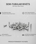Rock Solid Semi Tubular Rivets 100 Pack 304 Stainless Steel Permanent Fasteners Built Tough For Auto Body Shops And Metal Fabrication Silver Finish shown in a pile, highlighting corrosion resistance.