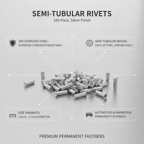 Rock Solid Semi Tubular Rivets 100 Pack 304 Stainless Steel Permanent Fasteners Built Tough For Auto Body Shops And Metal Fabrication Silver Finish shown in a pile, highlighting corrosion resistance.