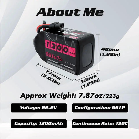 1300mAh 6S LiPo Battery Pack with XT60 plug for FPV drones, RC quadcopters, 130C, 22.2V, dimensions displayed, high discharge