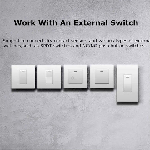 External switches compatible with Mini WiFi Relay Smart Light Switch Module For DIY Install, 16A, Two Pack, Hidden In Wall Box Design.