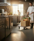 Chef using a 24X36 Aluminum Platform Truck Cart, 660 Lb Heavy Duty Workhorse Flatbed in a commercial kitchen.