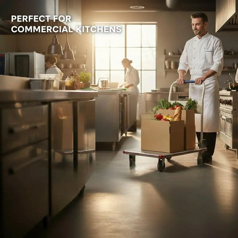 Chef using a 24X36 Aluminum Platform Truck Cart, 660 Lb Heavy Duty Workhorse Flatbed in a commercial kitchen.