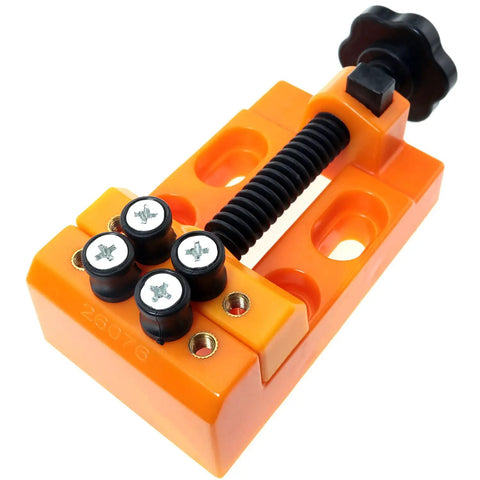 Legit Tight Grip Mini Table Vise With Quick Release ABS Plastic Jaws Compact Drill Press Clamping Bench For Tiny Parts Electronics Jewelry Craft And Precision Model Projects in orange, top view.