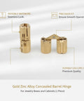 Gold Zinc Alloy Concealed Barrel Hinge for Jewelry Boxes and Cabinets, Invisible Pivot Hardware, Stealthy Embedded Pivot