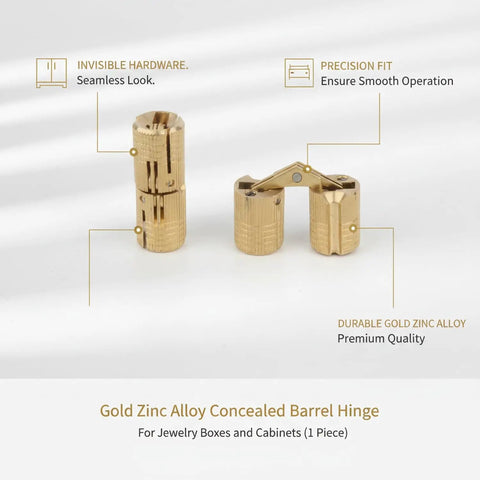 Gold Zinc Alloy Concealed Barrel Hinge for Jewelry Boxes and Cabinets, Invisible Pivot Hardware, Stealthy Embedded Pivot
