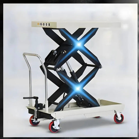Heavy Duty Manual Hydraulic Scissor Lift Platform With Portable Folding Trolley Base And Durable Polyurethane Casters, black and white design.