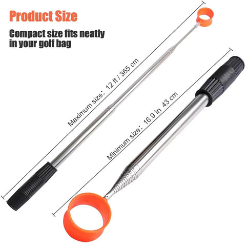 Telescopic Golf Ball Retriever With 12 Foot Aluminum Shaft, Water Safe Ball Grabber Tool For Easy Pickups shown extended and retracted