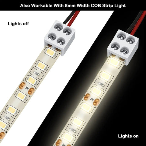25 Pack Solderless 2 Pin LED Tape Light Connectors Screw Down Terminal Block Tape To Wire For 5V 12V 24V White Single Color Strip Lights 8mm High Current Up To 6A showcasing lights on and off