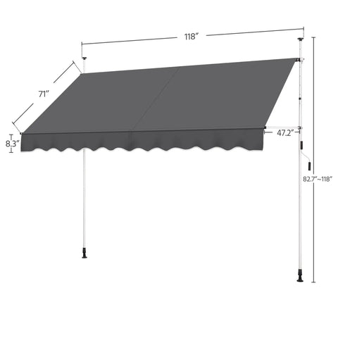 Diagram of No Drill Manual Retractable Awning 118 By 118 Inches Outdoor Sunshade Shelter with size dimensions in dark gray