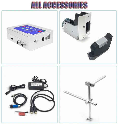 Straight Up Industrial Automatic Coding Machine Label Printer For Assembly Line Barcode QR Code And Date Marking Compact Packaging Automation Tool with accessories and components.