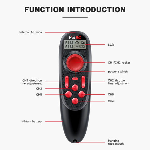 DS600 6CH 2 4Ghz RC Transmitter And Receiver Remote Controller with labeled functions, ergonomic design for RC boat use
