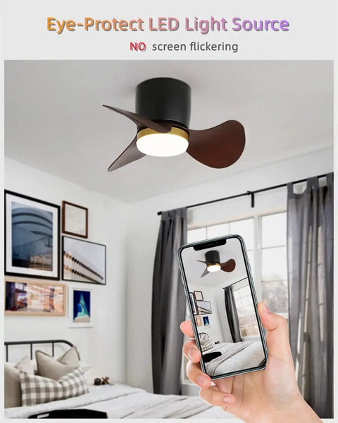 Remote Control Ceiling Fan With Lights Dope Reversible 22 Inch Modern Fan in bedroom, LED dimming, wood grain blades.