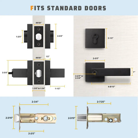 Two Pack Keyed Entry Door Lever And Deadbolt Set With Reversible Left Or Right Handles Built Tough Heavy Duty Matte Black Vintage Design Keyed Alike Easy DIY Installation with measurements for standard doors