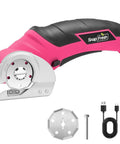 Close-up of Cordless Electric Scissors, rechargeable rotary blade, sleek cutting tool with comfort grip, includes accessories.