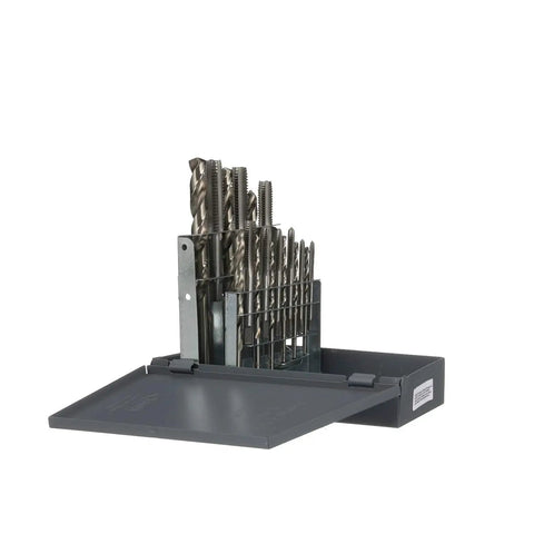18 Piece High Speed Steel Tap And Drill Combo Set With Precision Hand Taps visible in a steel case for metalworking and DIY projects