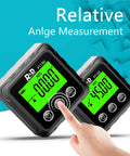 Digital display of Dope Angle Finder With Magnetic Base PT180 for woodworking, showing 0 and 45 degrees with a finger pressing a button.