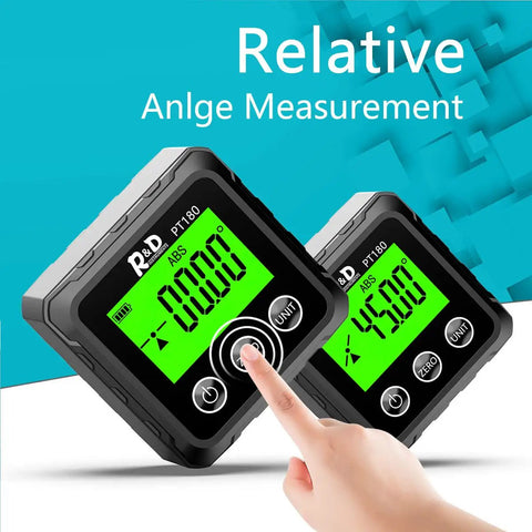 Digital display of Dope Angle Finder With Magnetic Base PT180 for woodworking, showing 0 and 45 degrees with a finger pressing a button.