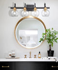 Globe Glass Shade 4 Light Wall Sconce For Bathroom Vanity Over Mirror In Matte Black With Brushed Gold Accents Gooseneck Design