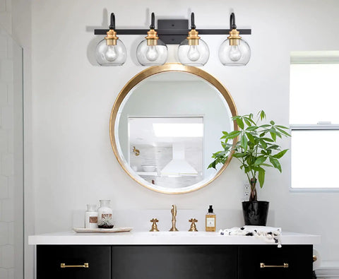 Globe Glass Shade 4 Light Wall Sconce For Bathroom Vanity Over Mirror In Matte Black With Brushed Gold Accents Gooseneck Design