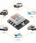 8 Way Waterproof Fuse Block With LED Indicators For Car Boat And Marine Use Sealed Screw Nut Terminals shown with vehicles