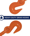Heavy Duty Chain Binder With Swivel Hooks For Flatbed Tiedowns, Ratchet Load Binder For Trucks And Trailers, 9,200 Lbs Working Load Limit, Orange, Built Tough For Rugged Daily Use showing close-up of heavy duty grab hooks.