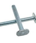 Two One Quarter Inch T Slot Bolts For T Track 2 Inch Long With Heavy Duty Torque Capability, shown zinc plated and threaded.