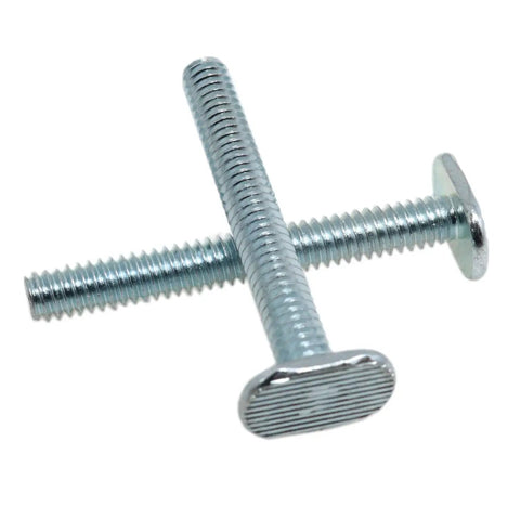 Two One Quarter Inch T Slot Bolts For T Track 2 Inch Long With Heavy Duty Torque Capability, shown zinc plated and threaded.