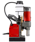 Heavy Duty Magnetic Drill Press With Variable Speed Control For Steel Metal Cutting And Fabrication side view with motor and coolant tank.