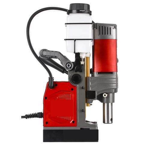 Heavy Duty Magnetic Drill Press With Variable Speed Control For Steel Metal Cutting And Fabrication side view with motor and coolant tank.