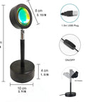 Sunset Projection Lamp With 180 Degree Rotation LED Night Light For Photography and Selfies showing dimensions and USB plug