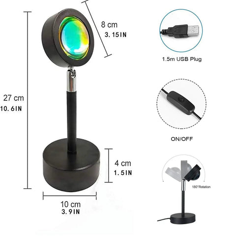 Sunset Projection Lamp With 180 Degree Rotation LED Night Light For Photography and Selfies showing dimensions and USB plug