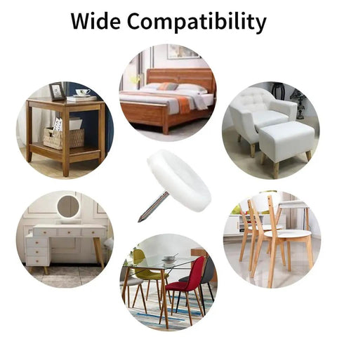 Collage of furniture featuring Top Shelf White Nylon Chair Leg Glides 24 Pack With Solid Metal Nails for various designs.