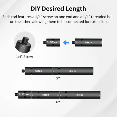 Rugged 15mm Rod Extension Kit With One Two And Three Inch Sections Featuring 1/4 Male To Female Threads crafted from premium aluminum alloy 1/4" screw connection detail.