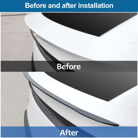 Before and after views of Slick Rear Trunk Spoiler For Tesla Model Y Juniper 2025 2026 Carbon Fiber Look installation.