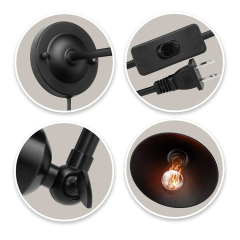 Close-up details of Plug In Black Wall Sconce Two Pack With Antique Swing Arm Industrial Style Lamp No Fuss On Off Cord Switch E26 Base Durable Fixture