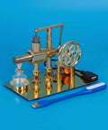 Visible Steam Engine Demonstrator Model With Metal Construction For Hands On Learning Toy Classroom And Home Projects That Really Shows How Thermal Engines Work For Student Experiments; gold metal desktop model with wheel